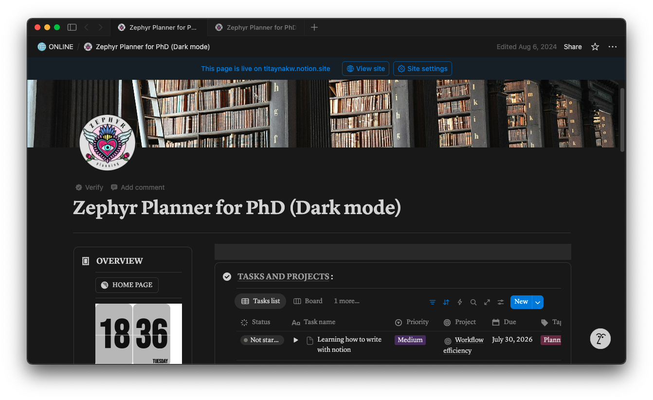Zephyr Planner for PhD Template Preview - Dark Mode