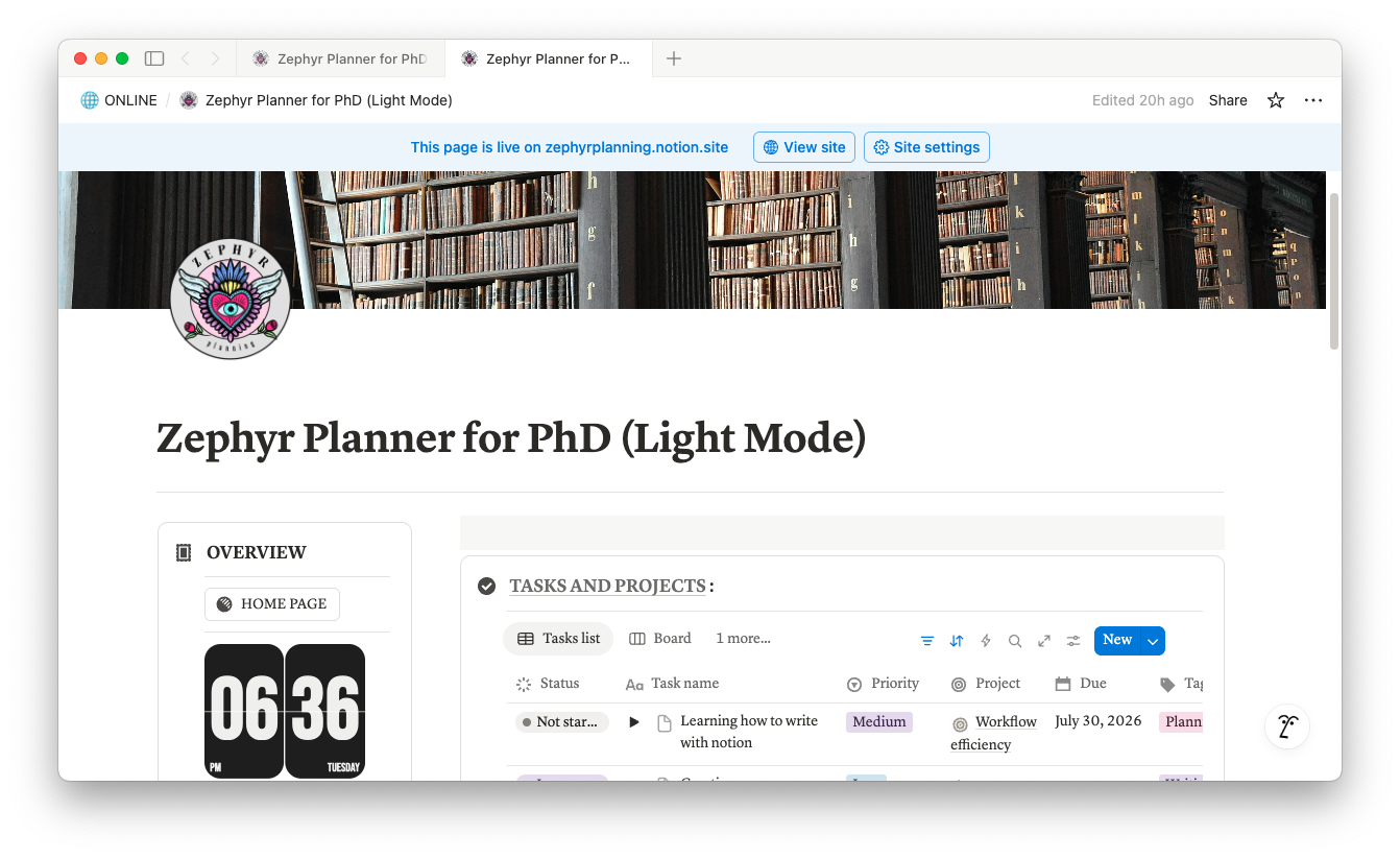 Zephyr Planner for PhD Template Preview - Light Mode